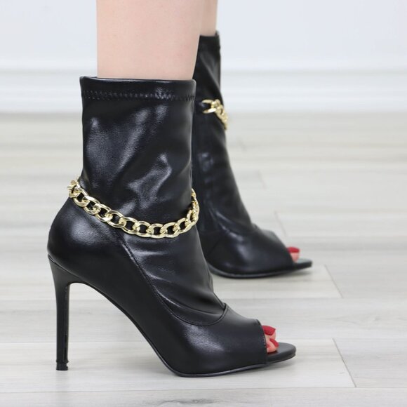 Black Open Toe High Heel Boots Trendy Gold Ankle Chain Heeled Stiletto's - Picture 2 of 13